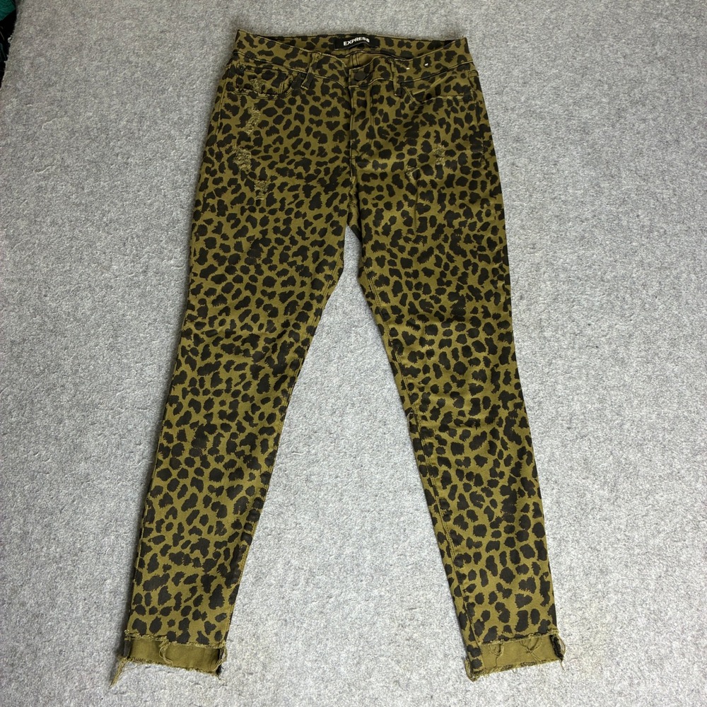 Express Womens 6R 30x27 Leopard Print Skinny Jeans Distressed Raw Hem Mid Rise